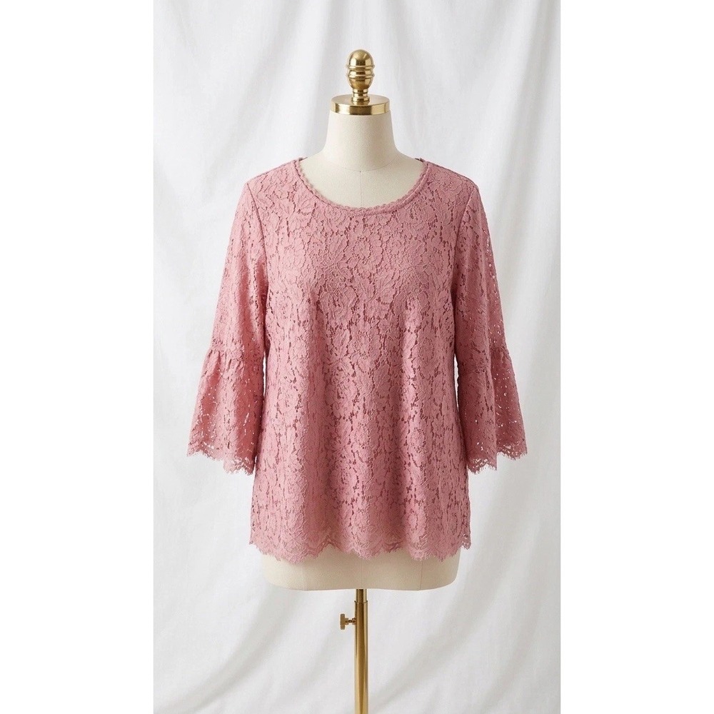 Isaac Mizrahi Live Tunic Top Size 1X Blush Pink Lace Lined 3/4 Bell Sleeves Boho